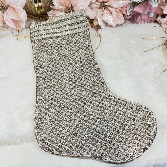 Tahari Gold Silver Beaded Christmas Holiday Stocking 22" - Picture 1 of 7